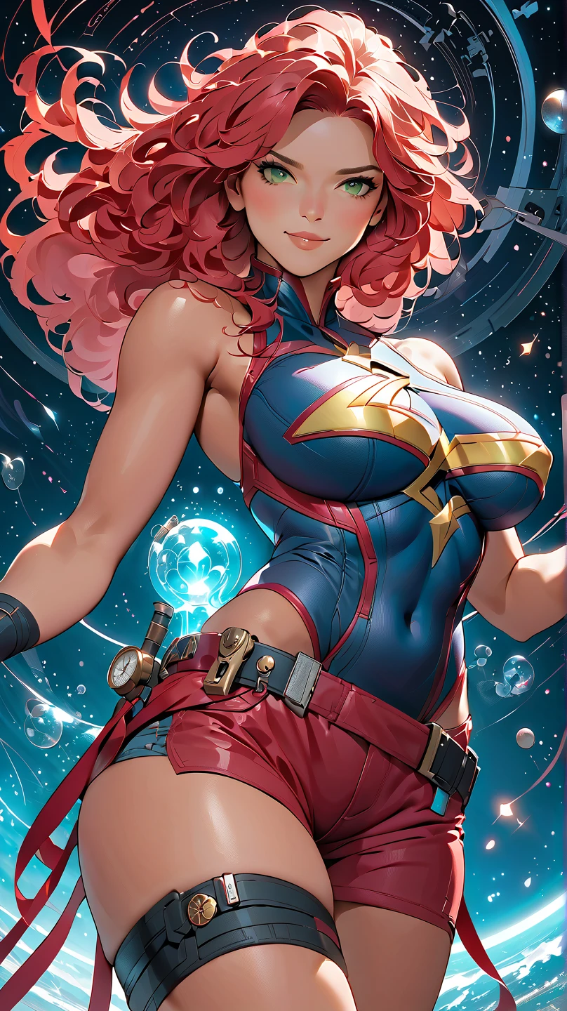 8k_wallpaper, extremely detailed eyes, extremely detailed body, (large masterpiece digital art), (detailed manga illustration), (detailed line art), ((perfect anatomy)), (intricate details:1.3), (ultra-detailed:1.3), (illustration:1.3), (sharp focus:1.3), (natural lighting:1.05), (vivid colors:1.3), (masterpiece), (best quality:1.4), (perfect anatomy:1.4), high quality, expressive eyes, full body, detailed face, beautiful face, perfect face, 1 girl, breasts, cleavage, gloves, huge breasts, cyberpunk clothes, jacket, black jacket, very long hair, thigh length hair, ({dark skin}), dark-skinned female ,detailed ((red hair)), messy hair, green eyes, hourglass physique, bodysuit, ultramarine bodysuit, sleeveless, shorts, thick thighs, toned, captain marvel emblem, emblem, superhero, dynamic lighting. dynamic heroic pose, smiling, outer space background, curvy,