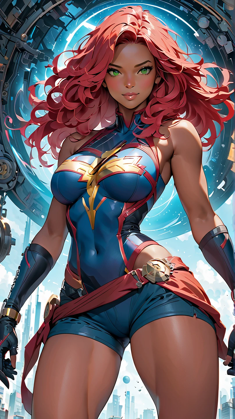 best quality,4k,8k,highres,masterpiece:1.2),ultra-detailed, extremely detailed eyes, extremely detailed body, (large masterpiece digital art), (detailed manga illustration), (detailed line art), ((perfect anatomy)), (intricate details:1.3), (ultra-detailed:1.3), (illustration:1.3), (sharp focus:1.3), (natural lighting:1.05), (vivid colors:1.3), (masterpiece), (best quality:1.4), (perfect anatomy:1.4), high quality, expressive eyes, full body, detailed face, beautiful face, perfect face, 1 girl, breasts, cleavage, gloves, large breasts, cyberpunk clothes, jacket, black jacket, very long hair, thigh length hair, ({dark skin}), dark-skinned female ,detailed ((red hair)), messy hair, green eyes, hourglass physique, bodysuit, ultramarine bodysuit, sleeveless, shorts, thick thighs, toned, captain marvel emblem, emblem, superhero, dynamic lighting, cinematic lighting, dynamic heroic pose, smiling, outer space background, curvy, Atey Ghailan, Jeremy Mann, Greg Manchess, Antonio Moro, trend in ArtStation, trend in CGSociety, Intricate, High Detail, Sharp focus, dramatic and photorealistic painting art by Midjourney and Greg Rutkowski, Jeff Bridges, ((cartoon style)), Marvel Cinematic Universe style