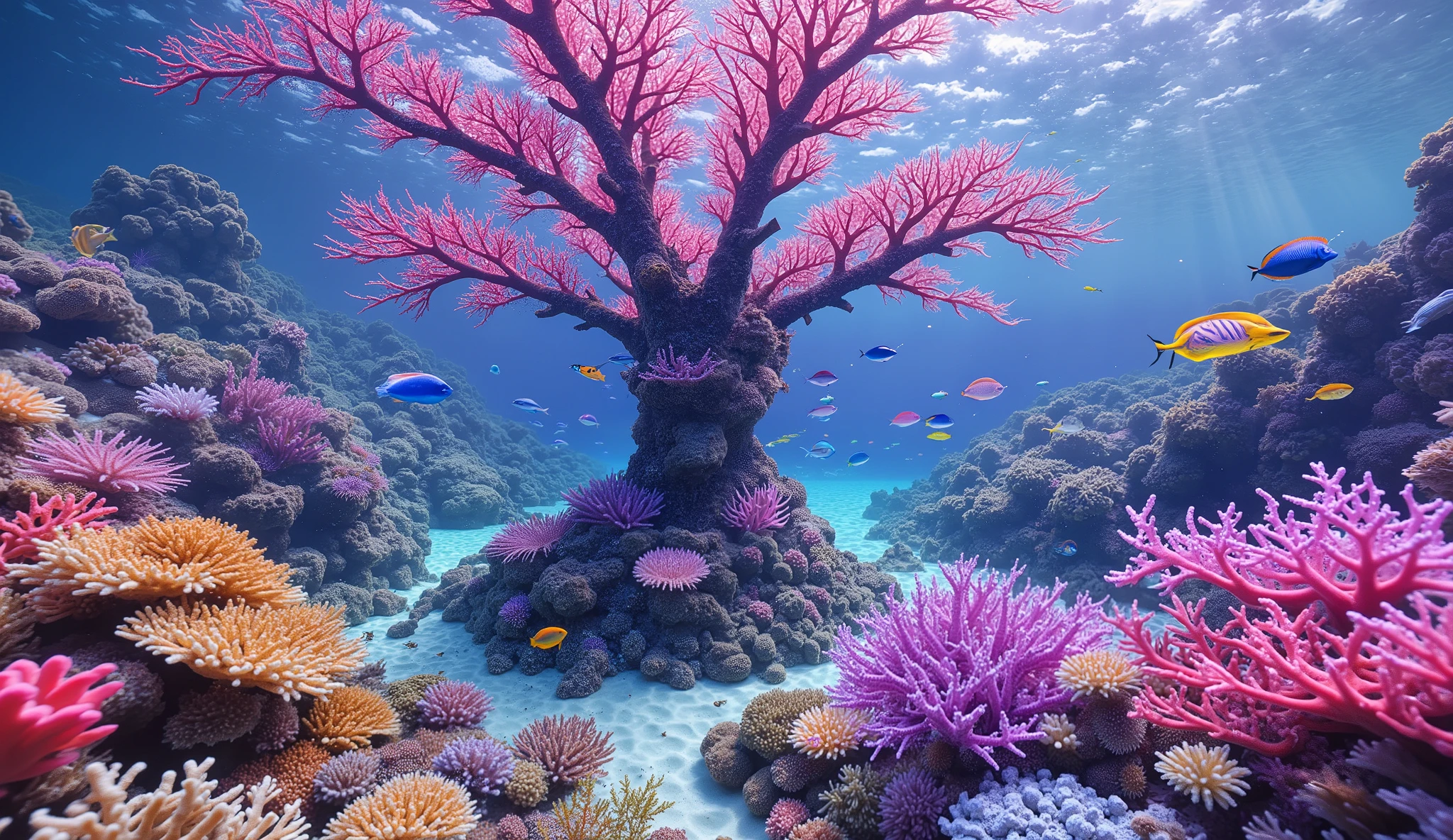 (In the water), Undersea heaven ,((A coral with lots of red and purple branches that look like a giant tree stands tall in the center)),(( coral reefs with dense hard corals and soft corals )),Realistic Expression , shot with a fisheye lens  ,(( Multiple Fluorescent Green Corals )), (( are filled with 10,000 natural coral groups with lots of extremely colorful colors)), (Lots of butterfish are swimming ),(( lots of green and blue soft corals that emit fluorescent colors )), crystal clear water, , strong sunshine ,Vast coral reefs ,Detailed seaweed ,( lots of colorful tropical fish), large blue tropical fish , myriad cobalt sparrows , seahorses, lots of psychedelic starfish on the seabed , life,  lively colors, Serene atmosphere, Quiet, Swaying seaweed ,  array of vibrant colors ) , ( best quality , high resolution:1.2), (In the water photography), ( lively), (  soft diffused lighting  (In the water), Undersea heaven ,((A coral with lots of red and purple branches that look like a giant tree stands tall in the center)),(( coral reefs with dense hard corals and soft corals )),Realistic Expression , shot with a fisheye lens  ,(( Multiple Fluorescent Green Corals )), (( are filled with 10,000 natural coral groups with lots of extremely colorful colors)), (Lots of butterfish are swimming ),(( lots of green and blue soft corals that emit fluorescent colors )), crystal clear water, , strong sunshine ,Vast coral reefs ,Detailed seaweed ,( lots of colorful tropical fish), large blue tropical fish , myriad cobalt sparrows , seahorses, lots of psychedelic starfish on the seabed , life,  lively colors, Serene atmosphere, Quiet, Swaying seaweed ,  array of vibrant colors ) , ( best quality , high resolution:1.2), (In the water photography), ( lively), (  soft diffused lighting  ), Orchestra of Highly Coloured Corals, Vast Seas ,Coral Reef,), Orchestra of Highly Coloured Corals, Vast Seas ,Coral Reef,