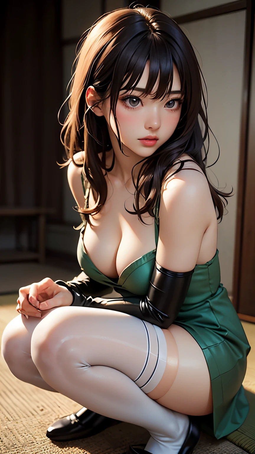 (( software: 1.4)), (( detailed face, Professional Photography )), (( software, (Extraordinary Realm :1.4), 1 girl)), Ultra high resolution, ( realistic: 1.4), RAW photos , best quality , (Photo realistic Stick), concentrated, Soft light, ((************)), (( Japanese )), (( (Young Face))), (surface), (allowing depth of field), Masterpiece, ( realistic), woman, bangs, (( 1 girl))、Knee-high shot、Meaty thighs、green mini dress、 White Over Knee High Stockings、 、artistic portrait、 full body shot 、 from the front、 low angle shot、latex cosplay