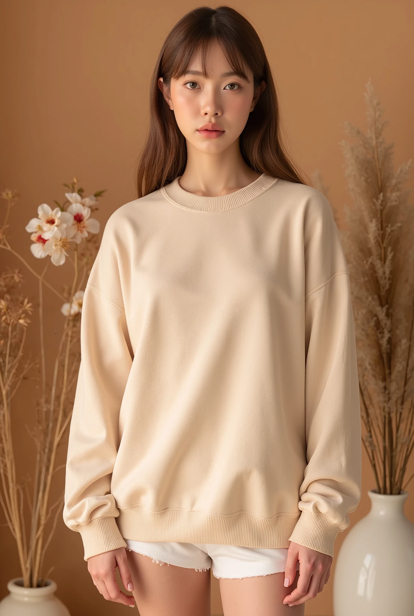 Gildan 18000 Sweater Mockup Bundle Sweatshirt Gildan Mockup Oversized Crewneck | Real Model | Cozy Trendy Neutral Boho Aesthetic Summer Fall Shirt Mockup, Photo room. warm colour sweater. in room is warm tone .background with Decorative flowers, front view. doll make up. playful movement post. showing front sweater.