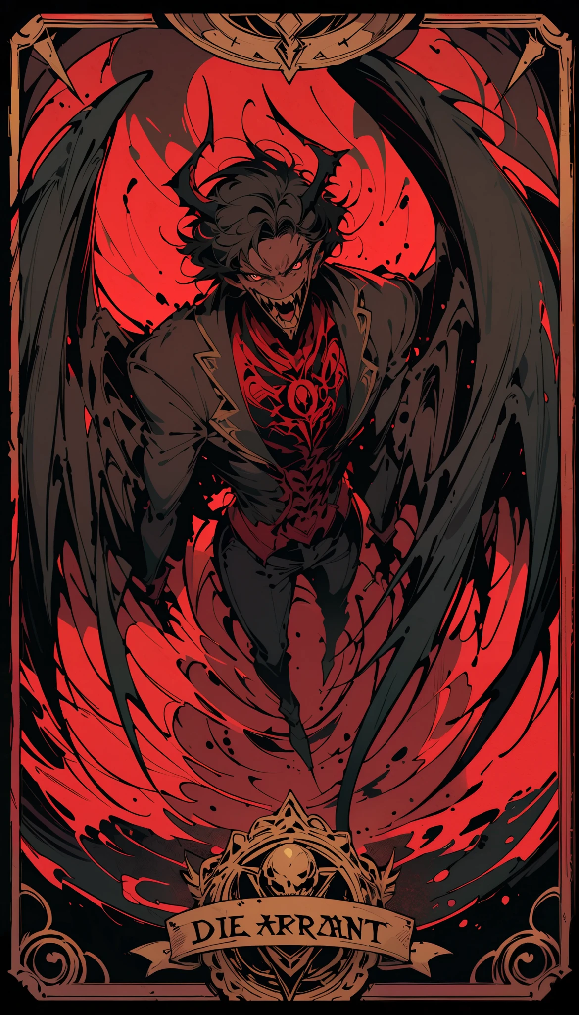  Alfred Kubin style ，Tarot cards，（demon，Satan）， huge wings， has an arrogant expression ，( top view), ( Face Focus )，background：hell，fear，Weird，die，close up，8K， high quality ， masterpiece，very good， rich details