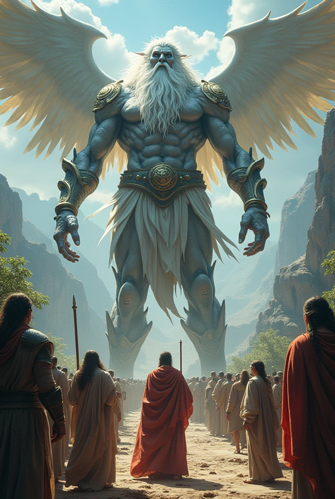 futuristic sci-fi setting, with a man with asymmetrically perfect bodies, chunky, glorious, imposing with wings, inhabiting an evolved planet, lushy nature, splendid ecologically innovative buildings, pointing to the universe with the intention of flying towards distant planets
