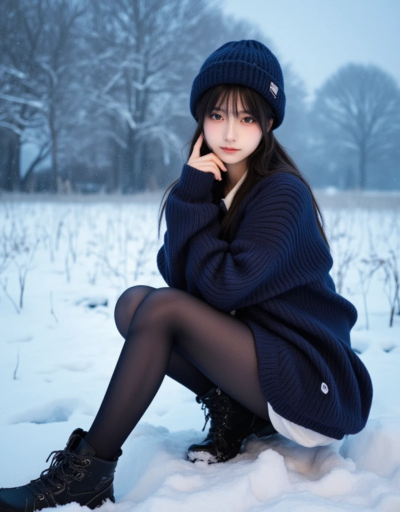 (a closeup:1.4)、
(RAW Photography:1.2)、(Photorealsitic:1.4)、(masterpiece:1.3)、(top-quality:1.4)、dream-like、(A detailed eye)、(detailed facial features)、(detailed clothes features)、Skin tightening、(shinny skin)、(Slender Girl)、(slim girl)、14 years old girl、(full bodyesbian))、独奏、cute little、smlie、(middlebreast)、bangss、straight haired、Long、A dark-haired、Black eye、Crystal Pendant、Long Blue Scarf、White Long Wool Coat、Black thick pantyhose、Brown snow boots、