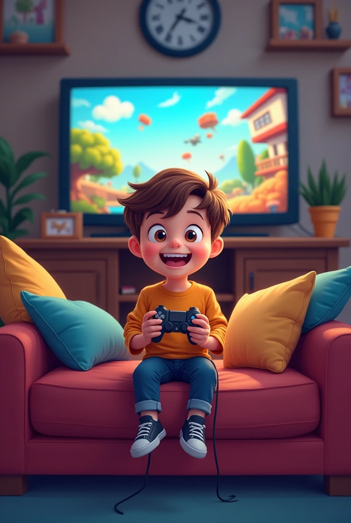 create me the same boy in the living room playing the console