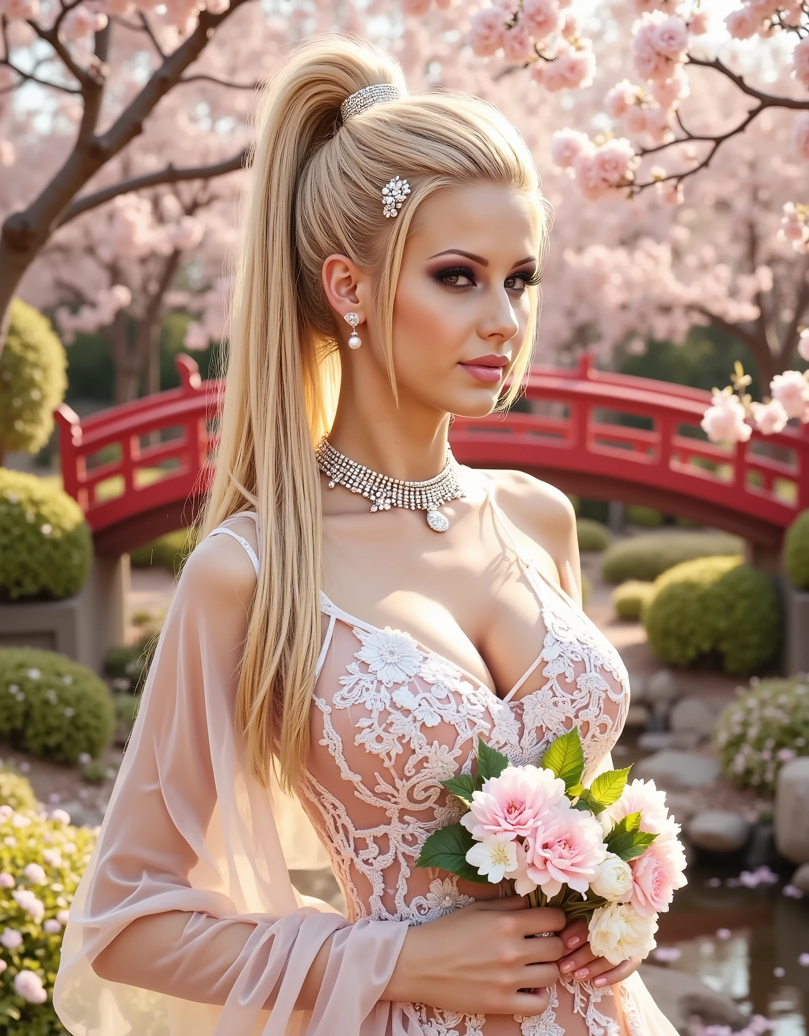 "A charming Egyptian bride, wearing a modern cherry blossom theme wedding look, showing her elegance and sexy from a full body perspective. Hair style combines traditional Egyptian elegance and modern fashion, high ponytail with natural micro-credded hair tail, and pearl cherry blossom hair accessories to add a romantic breath. Make-up is based on the pollen, the eyelids have delicate pearls, the slim cat eyeliner highlights the glamorous eyes, and the rose pink soft and sexy lips show a soft and sexy temperament. Wedding dress design inspired by the ease of cherry blossoms and the structural beauty of Pharaonic. Transparent lace tight body has an unsymmetric design. One side has a long sleeve, the other side has a bare shoulder with clavicle lines. The skirt is a light layer with light powder gradient stained, and the three-dimensional cherry blossom embroidery embroidery to add a romantic atmosphere. Foot wearing crystal thin strap high heels, transparent heels add lightness. Jewelry is selected with white gold cherry blossom earrings and a white gold hinge covered with pink diamonds, echoing cherry blossom theme. She wears a light cherry blossom embroidery shawl and holds pink and white cherry blossoms and green leaf bouquet in her hand. The scene is set in a garden of blooming cherry blossoms, with petals scattered on the ground. The background is traditional Japanese red bridge and running water. The cherry blossom tree is lit in soft light, creating a romantic dream atmosphere. 