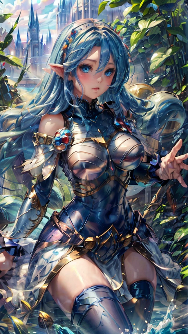 ((cinematic)), [masterpiece], potrait of fit blonde japanese girl, raising one hand, look at the sky, waterfall panorama with butterfly suround her, clear blue sky, twilight, sunset, ligh armor, katana, samurai, wet white cloth