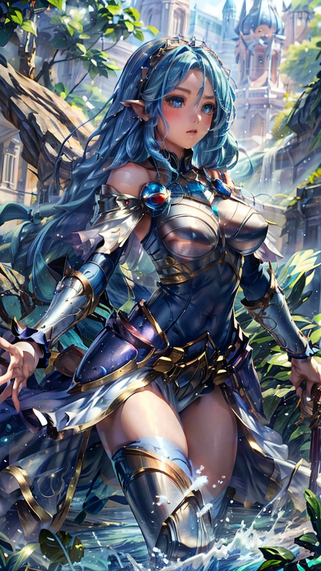 4K,hight resolution,One Woman,Blue hair,Longhaire,rather large breasts,Blue and silver dress,Fantasy Armor,blue and silver long boots,Big sword,Ancient ruins,blue-sky
