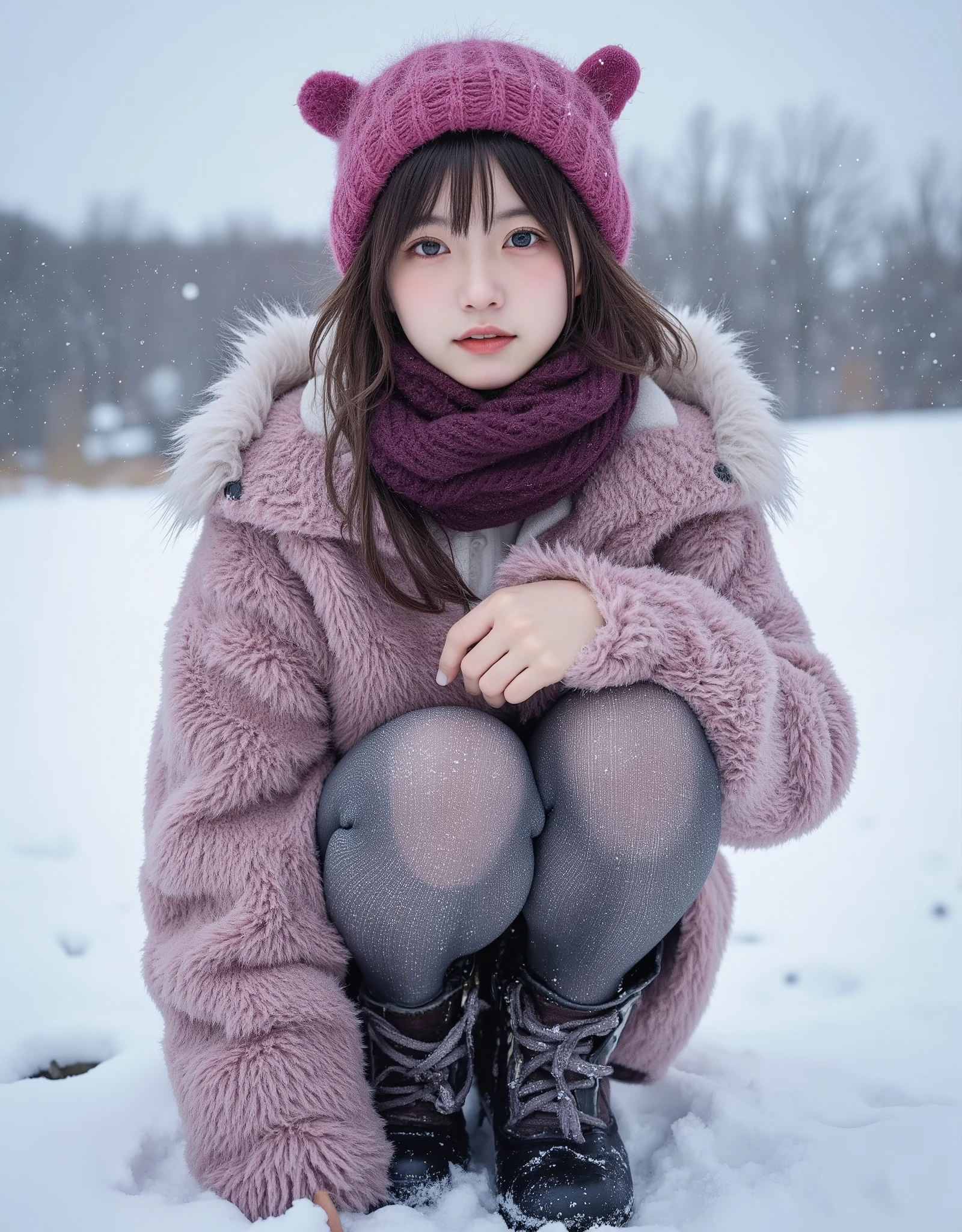 (((Masterpiece))), ((( best quality : 1.4))), (( very detailed: 1.4)) , Cinema Lighting, Shoot a snowy field clearly 、 very cute 、 Beautiful Girl 、Very popular idol、 Midwinter Fashion 、 thick tights 、 short boots、 squatting 、 at random angles、