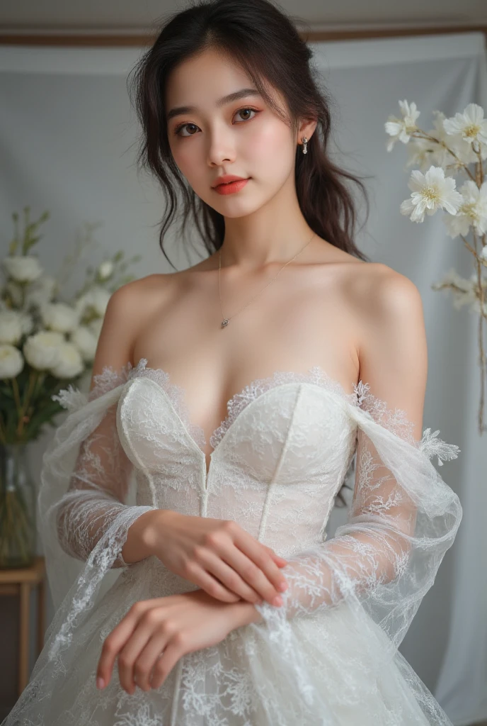 a mature actress, gravure printing, bright environment, (((sharpen))), Surrealism, {{{on the table}}}, {{{best quality}}}, {{super detailed}}, {{extremely delicate and beautiful}}, Eyes are moist, Very detailed, ((natural skin color)), fancy makeup, red lipstick, ((milf)), milf, ((on the table)), top quality, High level of image quality,16k, (The focus is on the chest), (a sexy girl), ((staring at this)),(((Sexy white lingerie)))