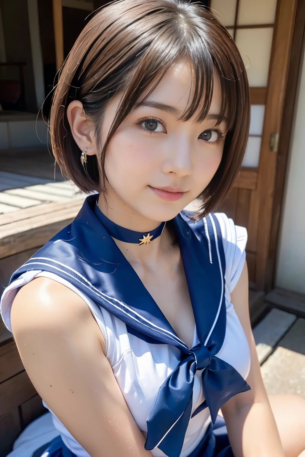((Tanned Gal))、((Tanned Gal))、((Highest quality、8k、masterpiece))、Sharp focus:1.2、Small fox ears、Cute 17 year old girl with perfect figure:1.4、Slim Abs:1.2、((Dark brown hair))、street:1.2、Highly detailed face and skin texture、fine grain、(The chest is exposed)、double eyelid、shoulder、Close-up of a woman in a kimono posing for a photo、Japanの女神、Japan人モデル、white、((Small breasts))、((Shrine maiden costume))、Japan、Drawing attractive anime girls、Cleavage