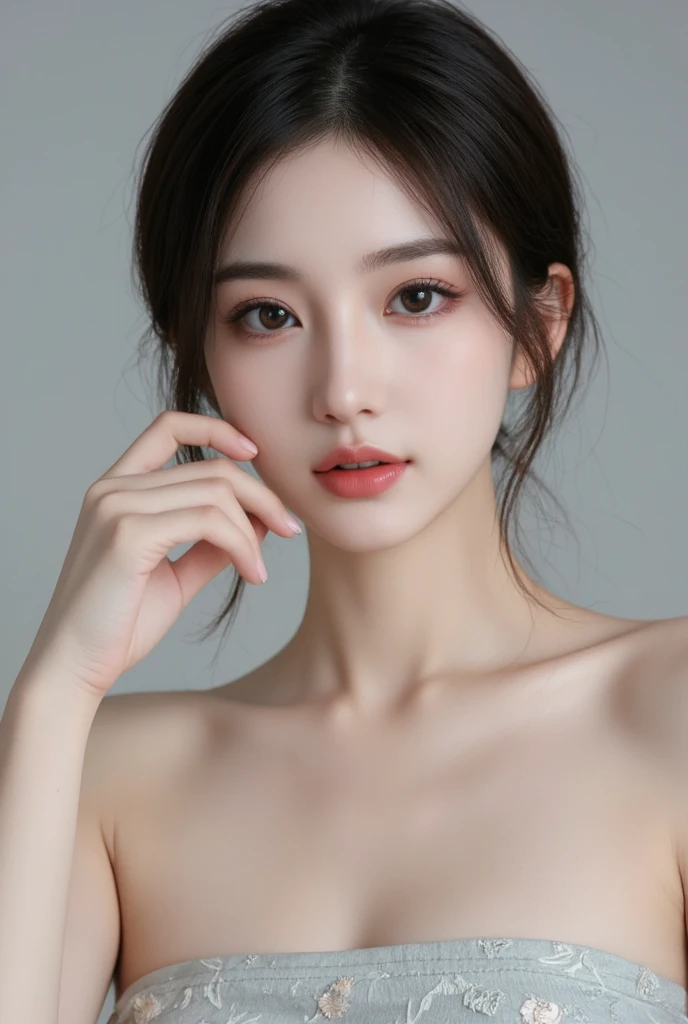 8K,best quality, ultra high resolution, (realistic:1.4), (real skin texture:1.3),1 woman,Beautifully detailed eyes and face,White background, Sitting at a table,