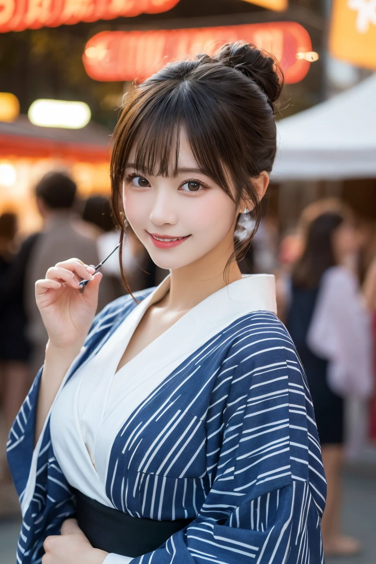 Summer festival stalls , Highest quality, shape, Very detailed, In detail, High resolution, 8k wallpaper, Perfect dynamic composition, Beautiful details,  Natural Lip, Cute yukata, Big Breasts, She is smiling in a cute pose.., A masterpiece of the whole body, Full Body Shot
