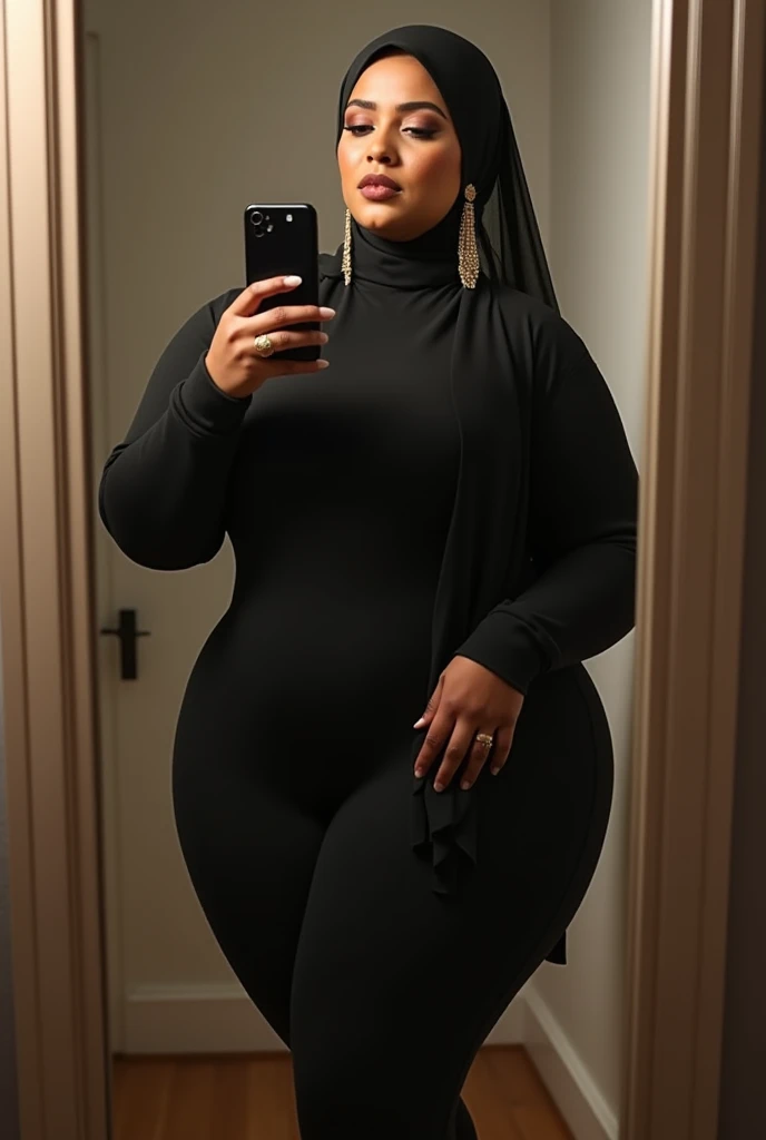 Beautiful thicc saudi milf. Wearing see through abaya. Standing in mall. Thicc thighs. Full body. Smile