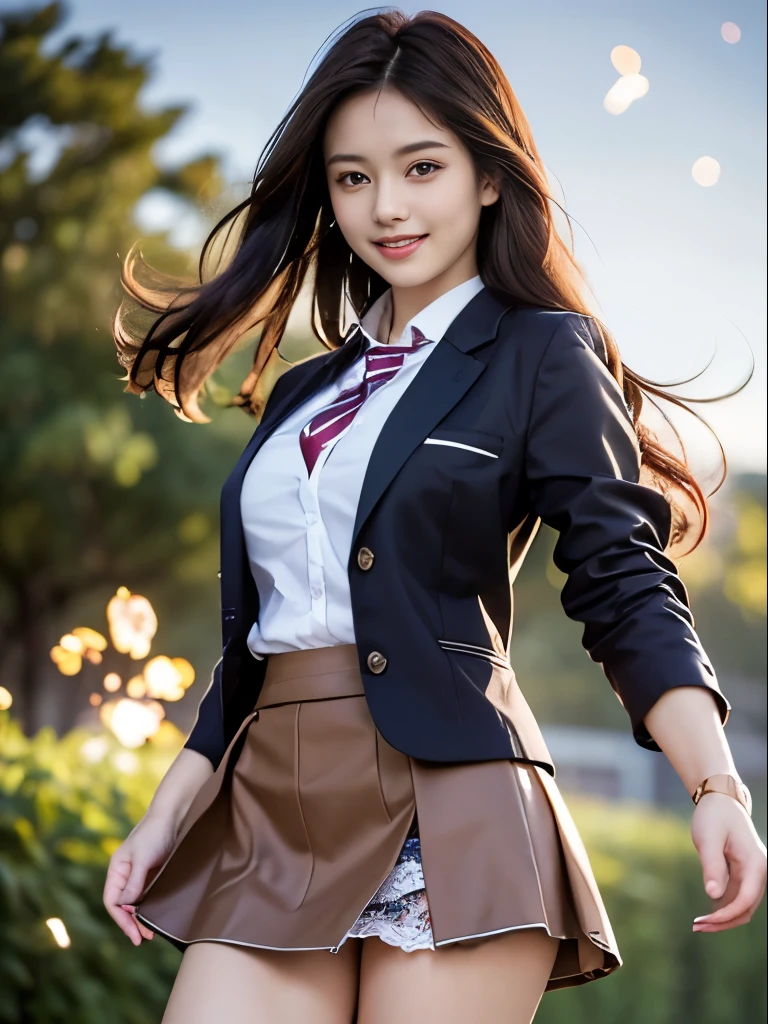 masutepiece, Best Quality, Ultra-detailed, finely detail, hight resolution, 8K Wallpaper, Perfect dynamic composition, Beautiful detailed eyes,Medium Hair, Natural Color Lip,Smile,(Wearing a brown school blazer uniform:1.3),(Longhair:1.3),Standing in the park,(The wind blows and lifts up my brown skirt,I can see panties:1.6),cowboys_shot,a 18 year old girl,Backlighting
