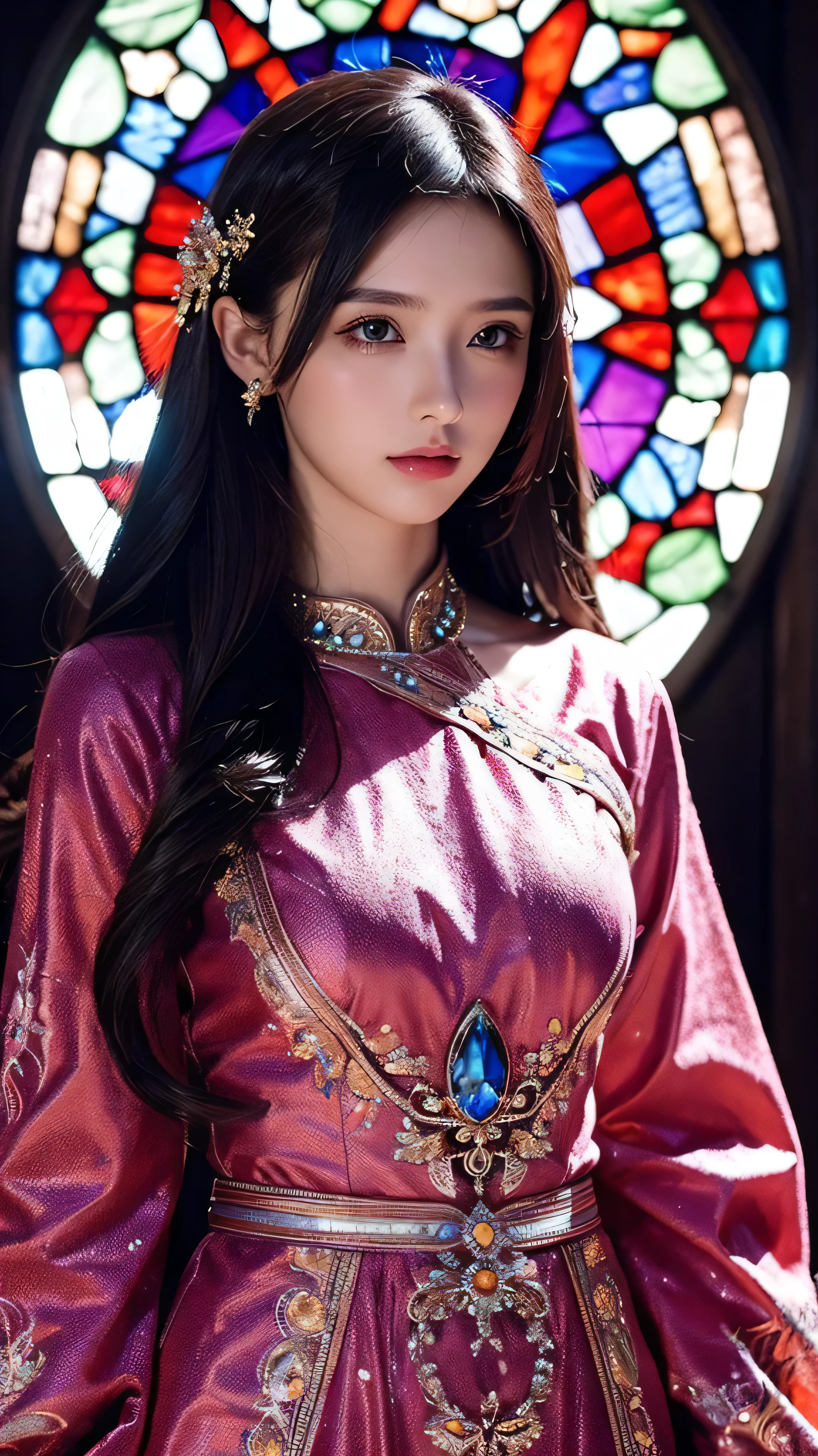 (Masterpiece, top quality, best quality , Official Art, beautiful and aesthetic :1.2),( 1 girl:1.3), 1 girl BREAK stained glass art, Colored Glass, Lead Wire, light transmission BREAK bright colors , intricate design, Glowing effect, Spiritual Atmosphere