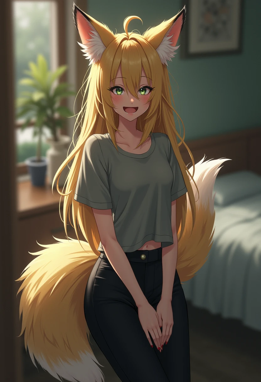 Hairy, orange fur, ultra cute face, green eyes, long blonde hair, medium breasts, dark orange elements in the fur, bright t-shirt, beautiful lights and shadows, ambient light, ultra detailed hair, volumetric light, cute fox tail, low-cut t-shirt, white panties