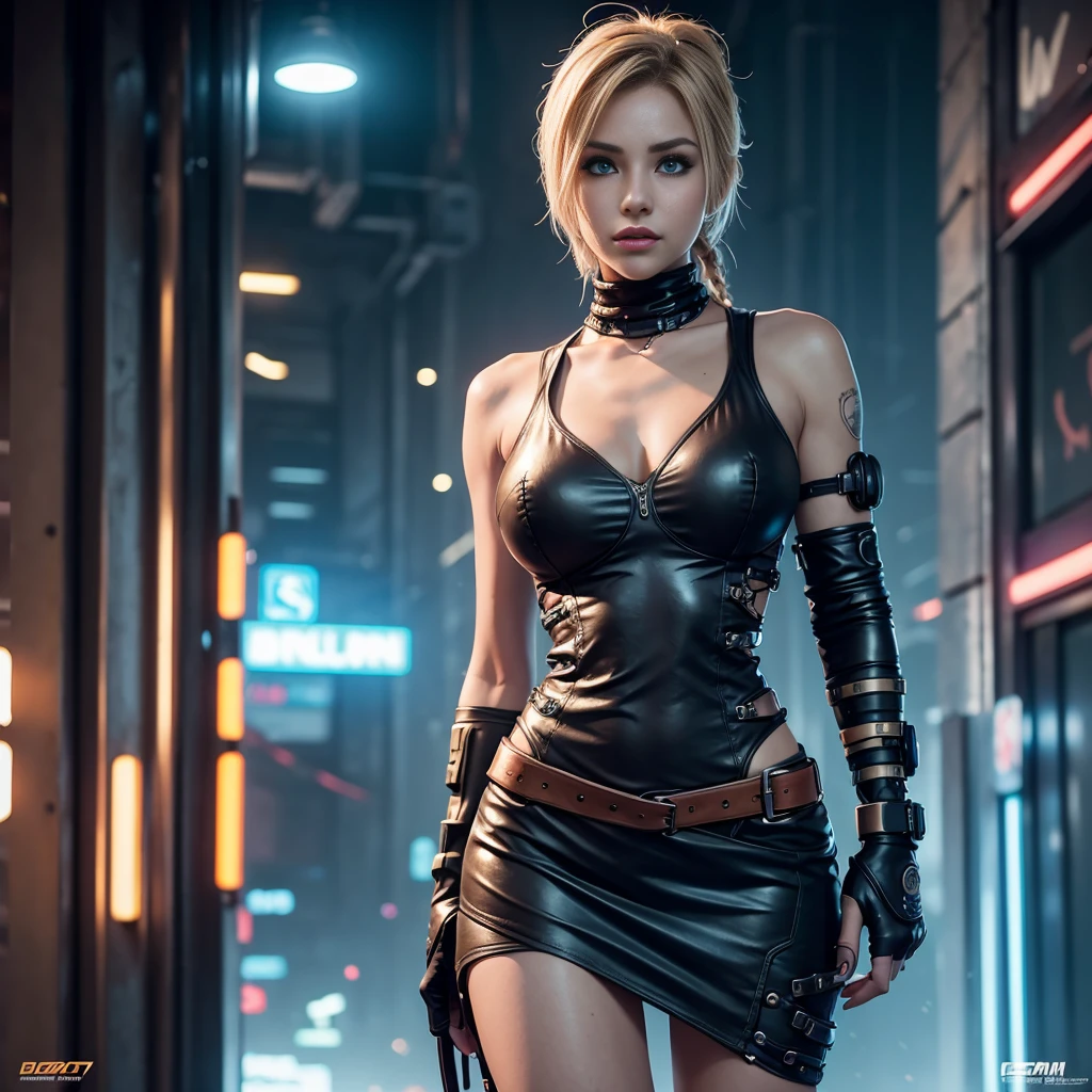 (((Full-length shot))),((Best quality)), ((masterpiece)), (detailed),MFBP1,muscular build and medium breasts .., wears an open black leather vest.., black leather gloves, a short skirt and heavy boots. She has a punk rock look.Hyper-realistic close-up photo of Rose Wilson, blue eyes,(Photorealism: 1.4), Create dystopian masterpieces. Post-apocalyptic world. Pay attention to small details, sharp focus. The palms of the hands are clenched into fists.