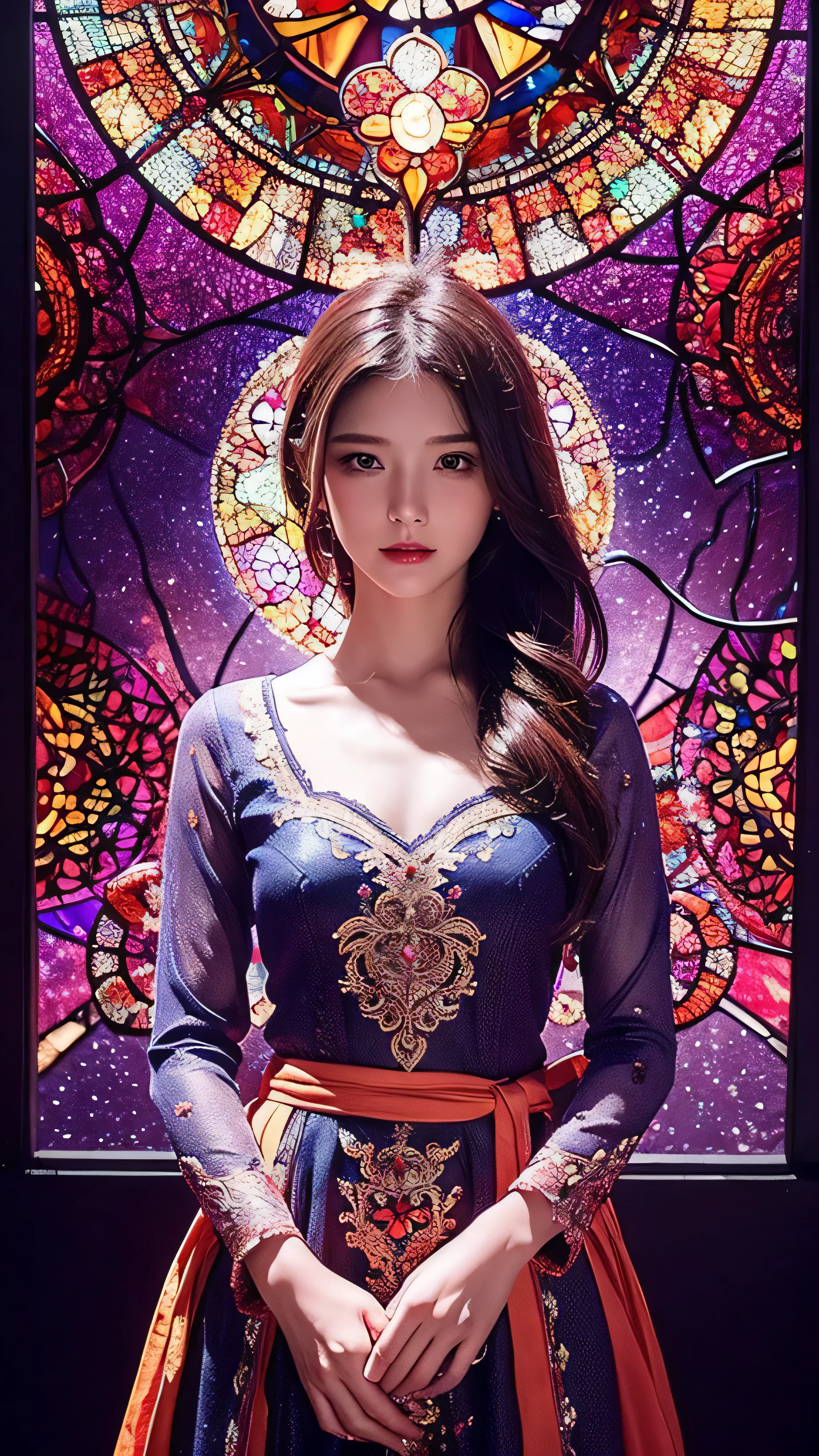 (Masterpiece, top quality, best quality , Official Art, beautiful and aesthetic :1.2),( 1 girl:1.3), 1 girl BREAK stained glass art, Colored Glass, Lead Wire, light transmission BREAK bright colors , intricate design, Glowing effect, Spiritual Atmosphere