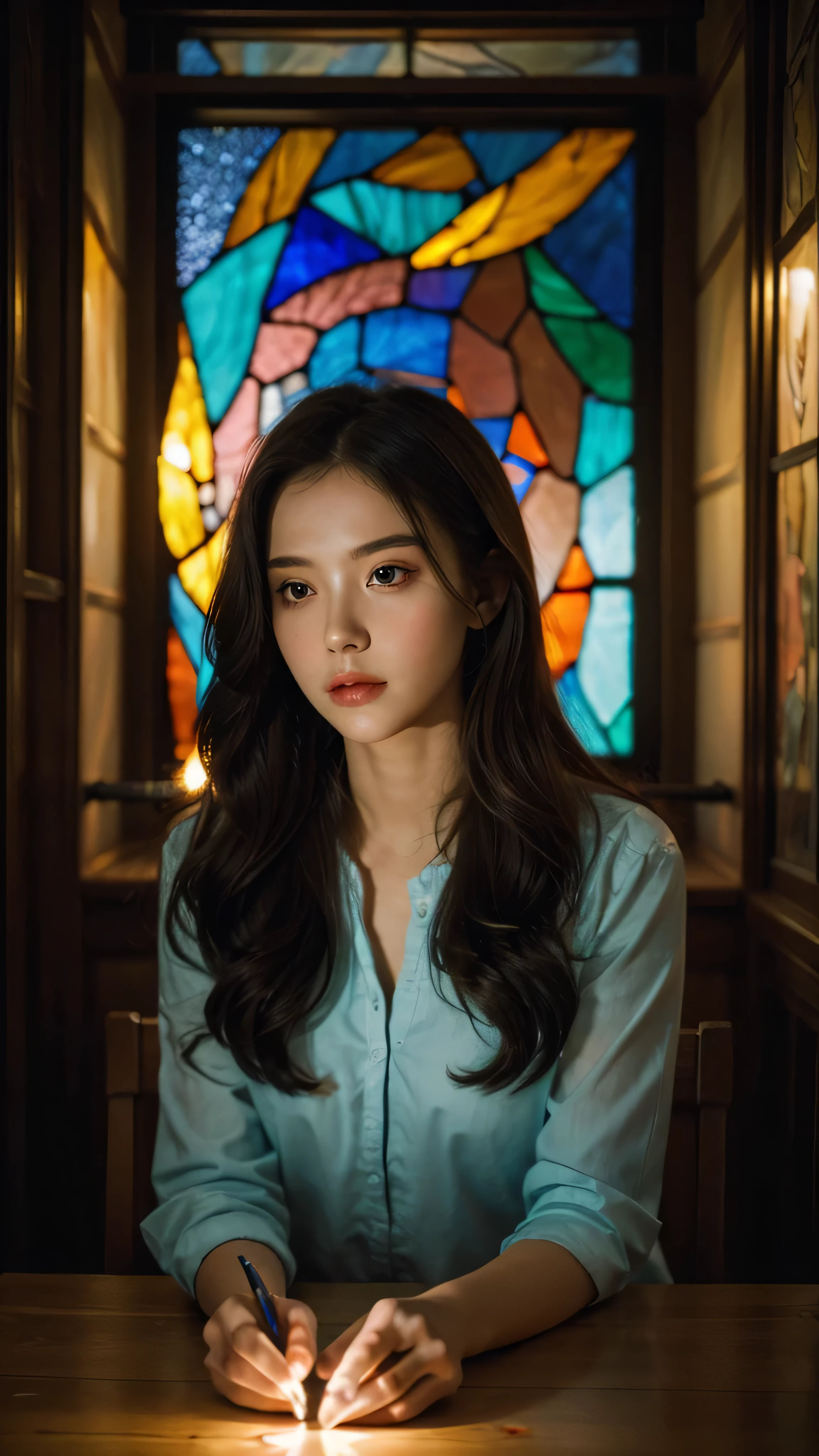 (Masterpiece,  top quality,  best quality , Official Art,  beautiful and aesthetic :1.2),( 1 girl:1.3),  1 girl BREAK stained glass art, Colored Glass, Lead Wire,  light transmission BREAK bright colors ,  intricate design, Glowing effect,  Spiritual Atmosphere 