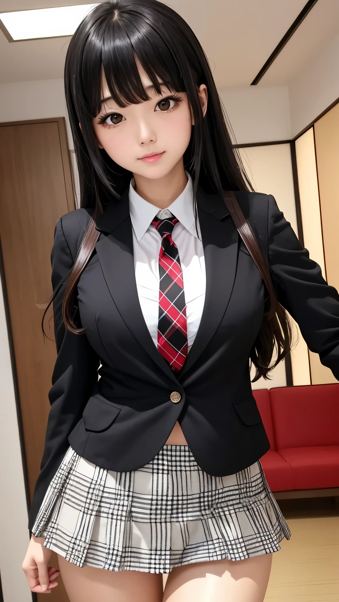 (8k, RAW photo, best quality, masterpiece:1.2), (realistic, photo-realistic:1.4), (extremely detailed 8k wallpaper), sharp focus, depth of field, bocinematic lighting, soft light,detailed beauty eyes,shiny smooth light brown long bob hair, asymmetrical bangs, shiny skin, super detailed skin,high resolution, high detailing, detailed hairstyle, detailed beauty face, hyper realistic, perfect limbs, perfect anatomy ,1 japanese girl,famous Japanese idol, perfect female body, large breasts,smile,short eyelashes,double-edged eyelid,((panties visible)), (squat pants shot),(dynamic pose))),(sitting cross-legged,bending the knees)),pleated skirt, blazer,sexy upper eyes,(Japanese girls' high school uniform:1.5)), Spectacular, Fine details, Detailed facial movie writing,