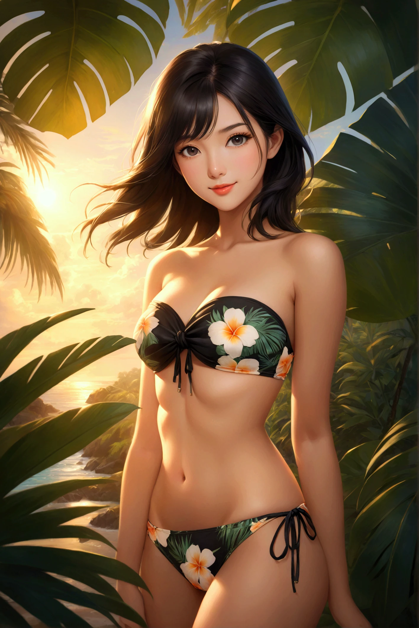 girl、(((one person)))、(Tropical print bikini:1.3、Face Enhancement:1.3, )、、Detailed Hair、Black Hair、Long Hair、Touching your hair、highest quality、Super detailed、Very detailed、Detailed Background、C cup bust、smile、Resort hotels、Pool、from above