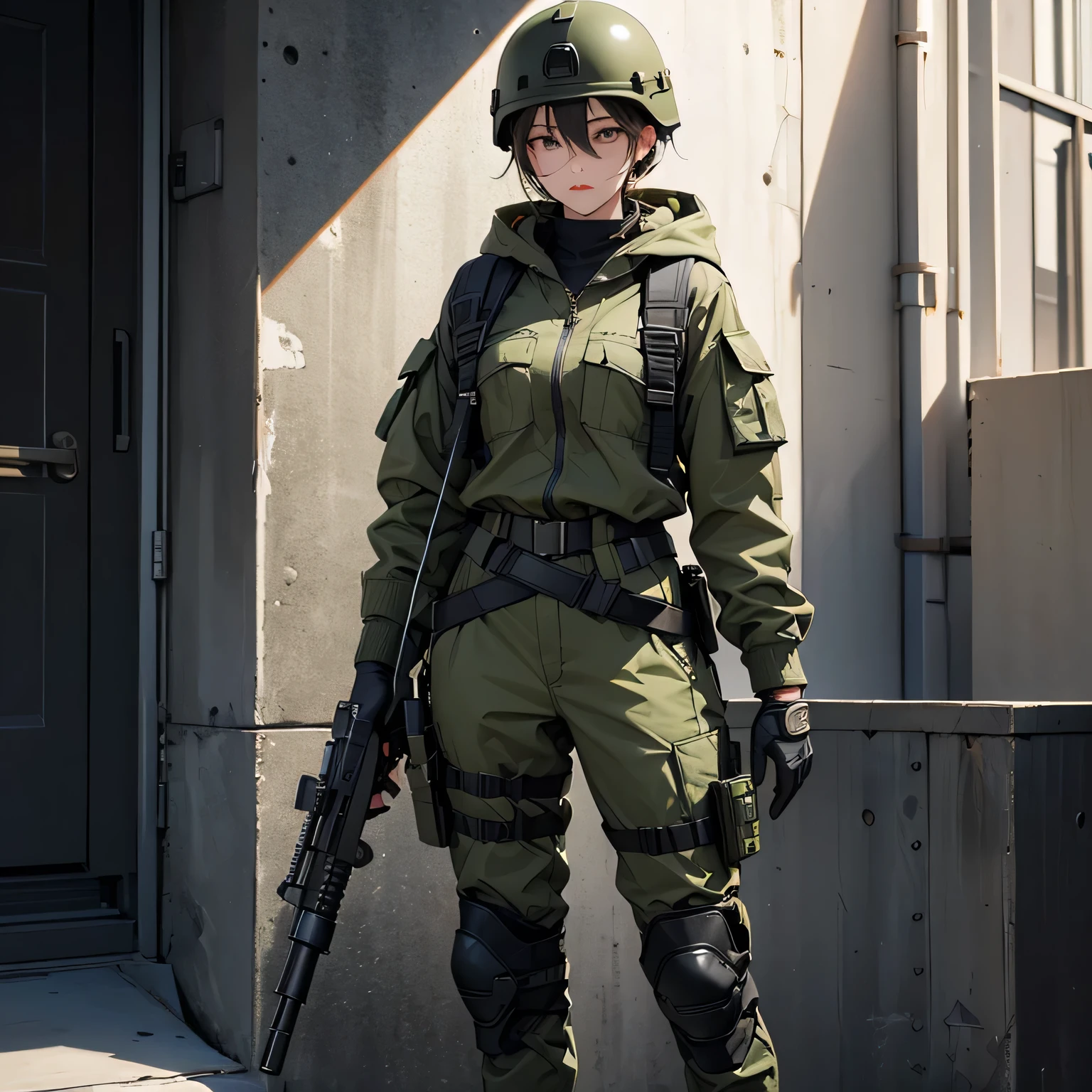 1 European woman in combat clothes,cute,camouflage battle suit, sci-fi, shortcut, 