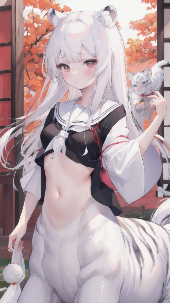 (best quality, masterpiece), 1 girl, centaur, I beg, White skin, Japanese schoolgirl,daughter,black pink, exposing the abdomen, belly button t-shirt , beautiful girl perfect, White tiger photo, 완벽한 White tiger photo