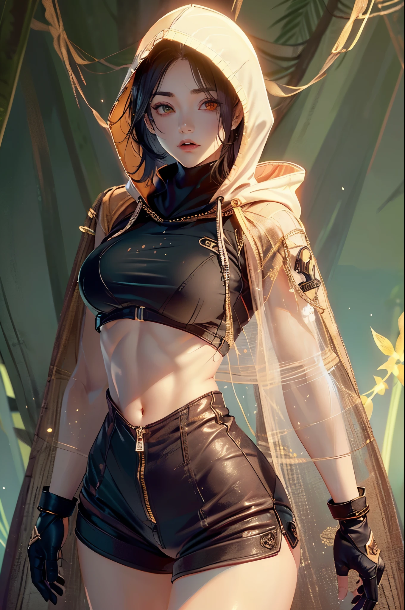 One girl, young girl, curvy, wide hips, pale face, turtleneck top, sleeveless, muscular, abs, biceps, triceps, revealing dress, shorts, jio cutout, wide hips, high waist slit, (small breasts), ((hooded cloak)), ((tactical gloves)), glow particles, forest, heterochromia, different colour eyes