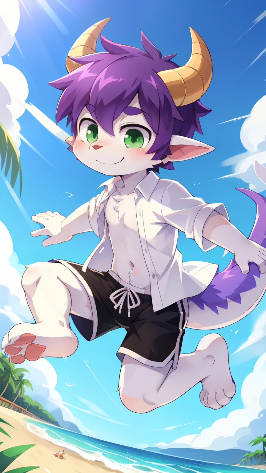 score_9,score_8_up,score_7_up, source_cartoon, source_furry, dragon boy, horns, green eyes, tail, purple hair, shota, , furry, blush, dragon tail, looking at viewer, smile, 1boy, dragon horns, pointy ears, , short hair, furry male, two tone body fur, blue body fur, clear blue body fur, ((goggles, white hawaiian shirt, open clothes, black swim trunks)), uperbody, sitting on a pool, pool, clear sky, low angle,
