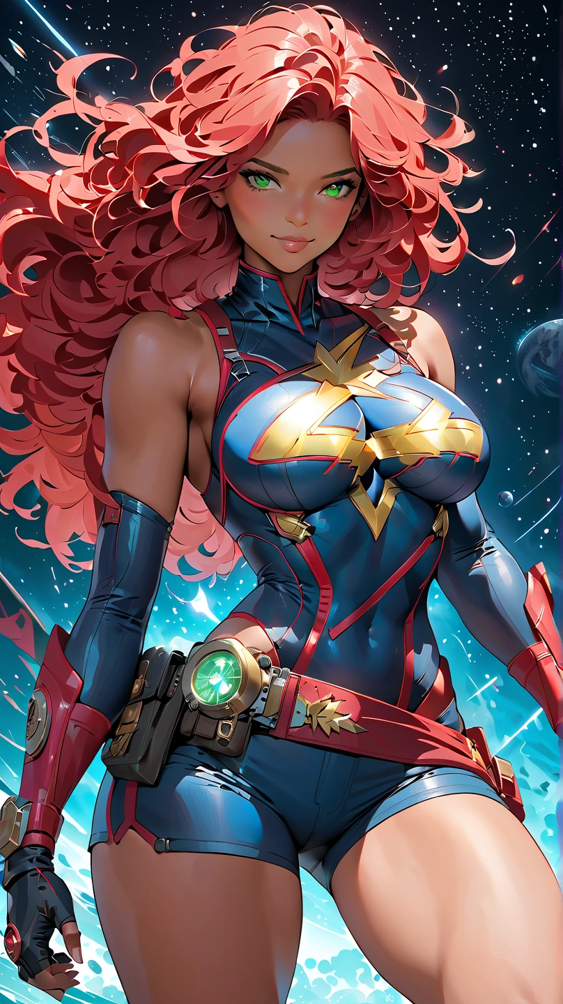 best quality,4k,8k,highres,masterpiece:1.2),ultra-detailed, extremely detailed eyes, extremely detailed body, (large masterpiece digital art), (detailed manga illustration), (detailed line art), ((perfect anatomy)), (intricate details:1.3), (ultra-detailed:1.3), (illustration:1.3), (sharp focus:1.3), (natural lighting:1.05), (vivid colors:1.3), (masterpiece), (best quality:1.4), (perfect anatomy:1.4), high quality, expressive eyes, full body, detailed face, beautiful face, perfect face, 1 girl, breasts, cleavage, gloves, large breasts, cyberpunk clothes, jacket, black jacket, very long hair, thigh length hair, ({dark skin}), dark-skinned female ,detailed ((red hair)), messy hair, green eyes, hourglass physique, bodysuit, ultramarine bodysuit, sleeveless, shorts, thick thighs, toned, captain marvel emblem, emblem, superhero, dynamic lighting, cinematic lighting, dynamic heroic pose, smiling, outer space background, curvy, Atey Ghailan, Jeremy Mann, Greg Manchess, Antonio Moro, trend in ArtStation, trend in CGSociety, Intricate, High Detail, Sharp focus, dramatic and photorealistic painting art by Midjourney and Greg Rutkowski, Jeff Bridges, ((cartoon style)), Marvel Cinematic Universe style