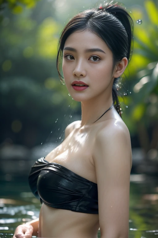 happy,burst smile,high sex appeal pose,beautiful girl ,Thai female warrior, showering in a swiming pool at the forest, dynamic poses, Red and black strapless shirt, long ponytail,black eyes,abdominal muscles,plump body, rounded chest, (big breast:1.3), rift, morning sun,staring at the audience, rain, (dynamic poses), shower, shower poses, ((face details)),Double eyelids, finished, (Backlight), realistic, Masterpiece, Highest quality, lens flare, shade, in full bloom, [[Chromatic aberration]], By Jeremy Lipking, By Antonio J.. Manzanedo, digital painting, HDR, high contrast
