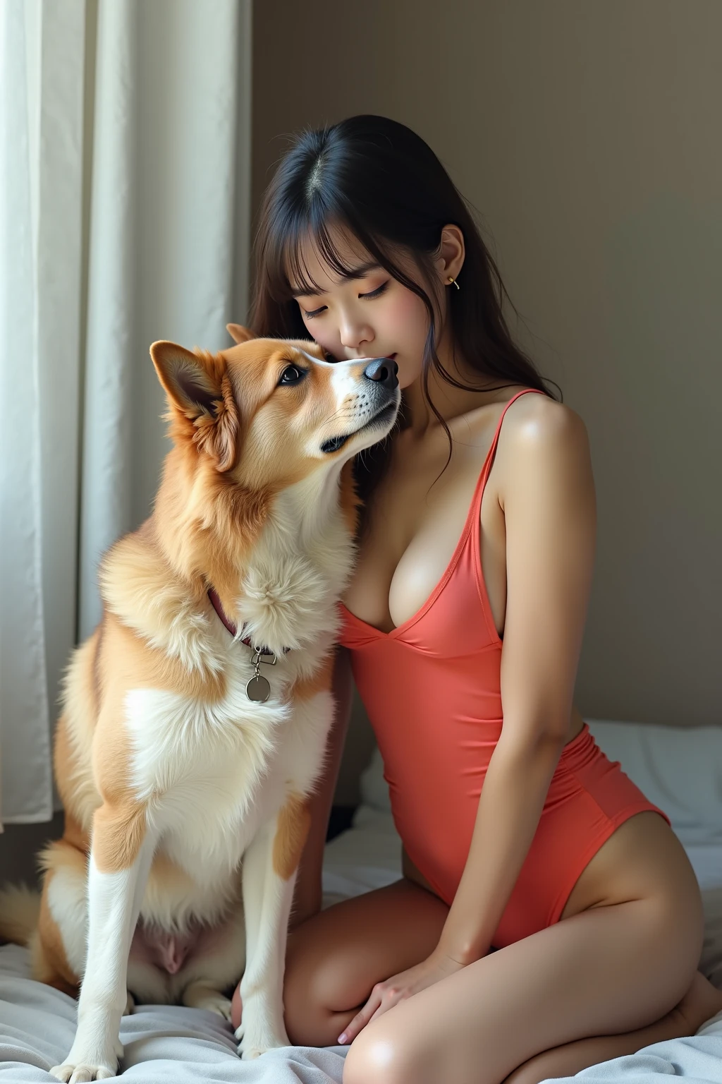 masterpiece、(((full nude)))、((((full nudeヌード)))、(((Don't wear flattery、Doggie style、male dog and girl mating)))、((Low - Angle)))、Outdoor exposure girl、detailed eyes、超High resolution(reality:1.4)very beautiful, beautiful skin, slender,slender body、small breasts、small breasts、((Are thin、concave abdomen))、thin and long legs、 (Super realistic), (High resolution), (8K), (very detailed), (Super detailed), details face,、NSFW、Obsceneness、obscene appearance、(((art)))、Vagina expanding with fingers