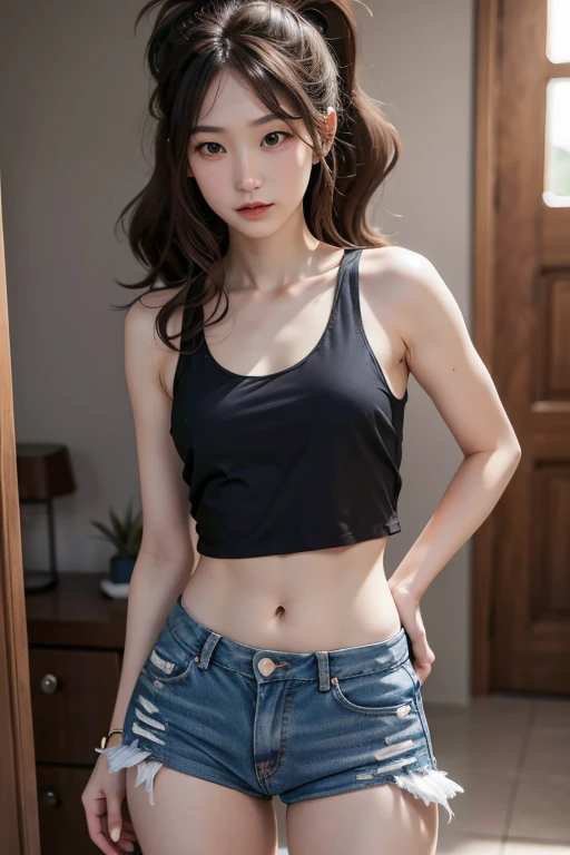 {Top Quality, Masterpiece}, (Realistic: 1.3), BREAK {{{FF7,Tifa_lockhart}}},(crowd of men:1.7), BREAK Ultra-detailed face, Detailed RED eyes,{Dark Brown Hair, Large breasts},{{{A dark lighting, disco club, disc jockey, table, indoor}}}, glowing headphone, BREAK (wearing micro shorts, See-through sheer, tube top:1.5), clothed:1.2, (No Bra) ,(shiny oiled skin: 1.1), about 18 years old, {erotic eyes, erotic mouth, erotic face}, Shining head phone:1.3