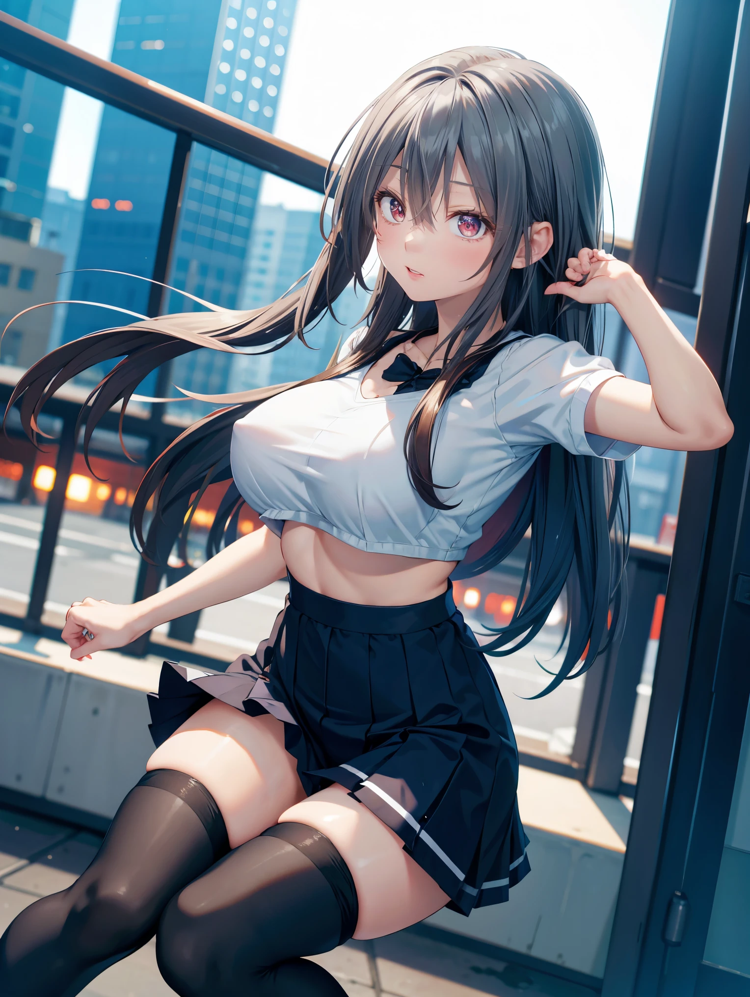 (masterpiece、Highest quality、Very detailed))、One girl、gyaru、Black Hair、Long Hair、blunt bangs、Hime cut、Grey Eyes、evil smile、((open mouth))、((tongue out))、((lots of piercing))、Large Breasts、((White collared shirt))、necklace、Good、((Black pleated skirt))、((micro miniskirt))、((pantyhose))、Thick waist、Thick thighs、Cowboy Shot、((bent over))、((night))、Downtown background