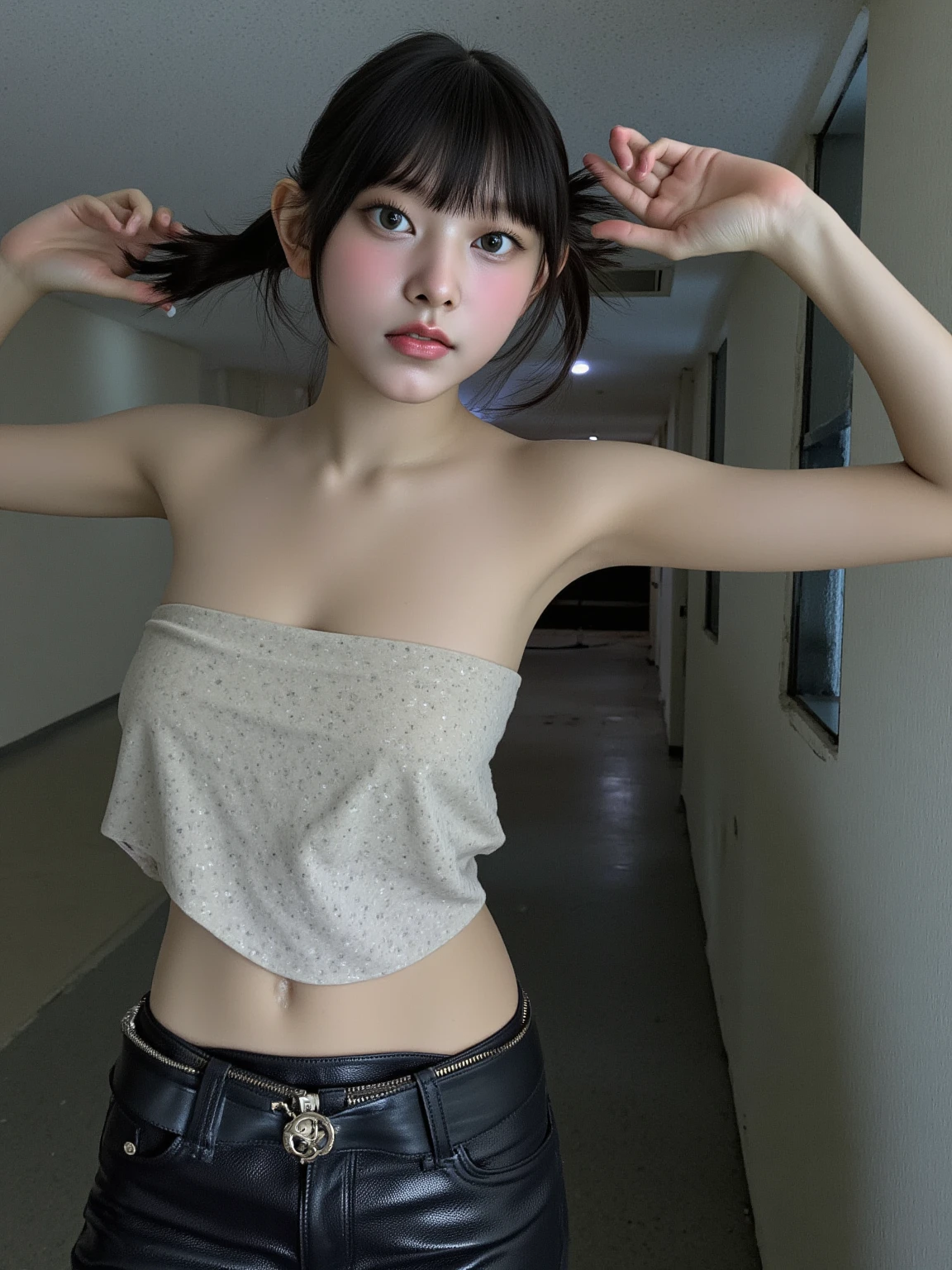nsfw,(embarassed, shy, sexy, shame,confused:1.2),hiding,exhibitionism, behind wall,masterpiece, best quality, highres, short hair, earrings, necklace, jewelry, full body, extremely detailed face, (at city:1.3), looking away,(shirt lift,hotpants pull:1.3), blue sports bra, grey hotpants, hotpants pulled down:1.3, showing panties:1.2, sneakers,standing