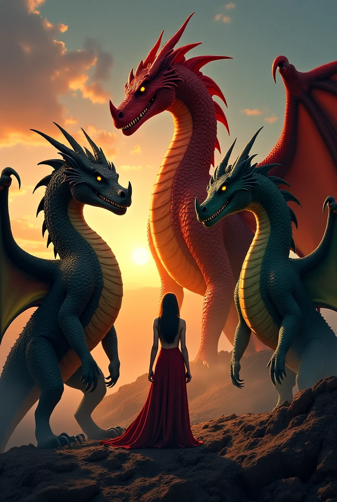 Huge female dragoness rubs her talons to a tiny man