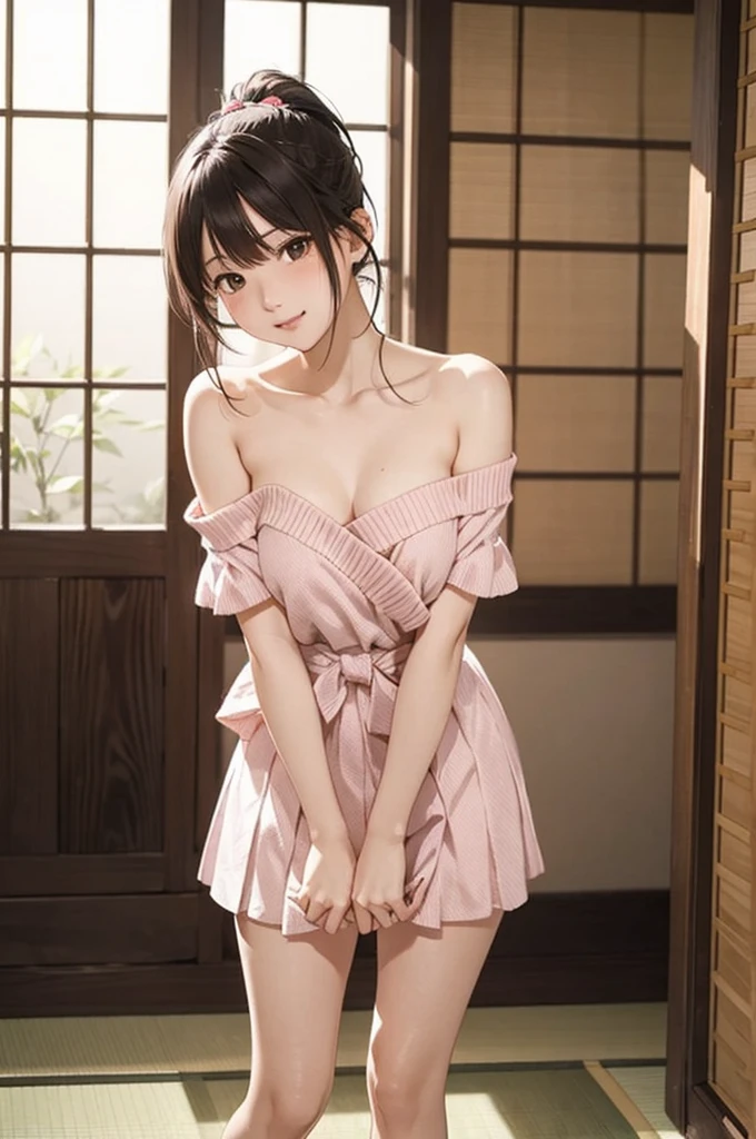 (masterpiece:2.0), (Highest quality:2.0), (Sitting naked:1.5), (Extremely small mini skirt Extremely small pink yukata:1.5), (Ultra-thin raw land:1.5), (Sexy pose:1.5), (Blushed:1.3), (Upper body naked:1.3), (Realistic:1.5), 1 , Accurate needle, Embarrassed look, A light smile, Look at me and smile, very cute, Innocent face, Young Face, Clear Eyes, Shining Eyes, Small breasts, (I can see her cleavage:1.5), (I can see your thighs:1.5), I can see your crotch, No pubic hair, whole body, Beautiful Skin, Ultra high definition, Highest Resolution, Japanese high school students, Brown Hair, At the night festival