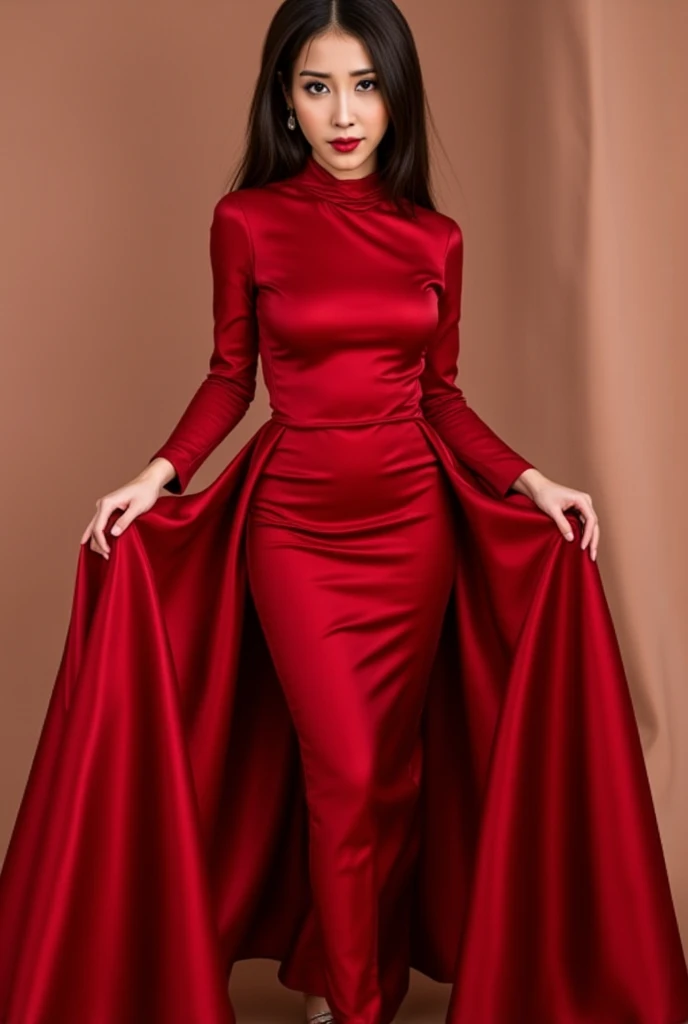 An malay woman in glamorous red mermaid evening dress, wear long slave bolero, long satin scarf wrapped around her arms, wear jewellery, wear modern satin hijab, entirety of fabric over dress about 7 meters in length trailing dramatically, glamours style, overlong dress train, extreme detail on the texture of the fabric, wear high heels, sexy random pose outdor, dramatic lighting, ultra realistic, high-resolution photography.
