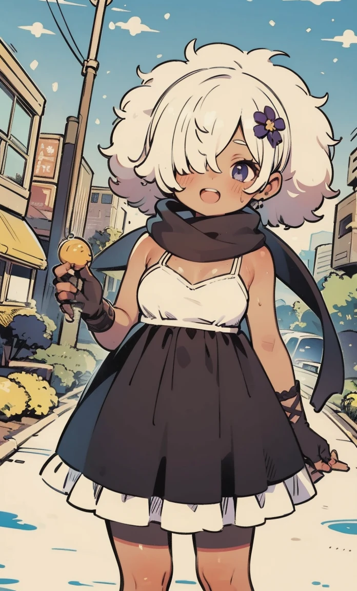 masterpiece, highres, best quality, 1girl , solo, shinobu jacobs, white hair, (big hair, messy hair, afro:1.2), hair over one eye, thick eyelashes, dark skin, looking at viewer, large , black dress, NMH2 , lace, fingerless gloves, scarf, snowing, winter, City street, in front of the store、happy, Upper Eye Care, look at viewers, blush, , Flat Colors , line art , flat art