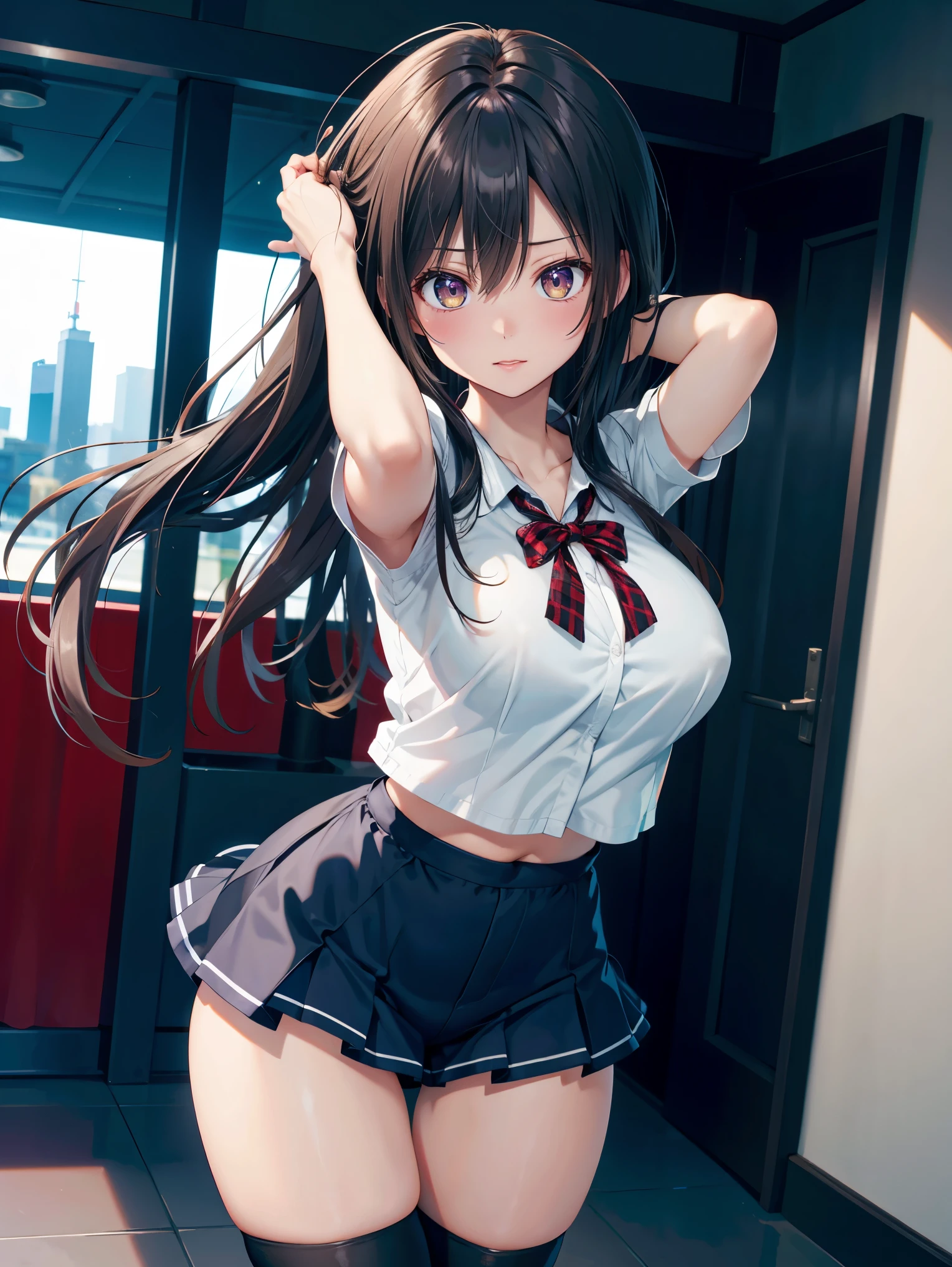 (realistic, photo realistic:1.2), ((highest quality)), beautiful face details, real human skin, pretty embarrassing, Kotori Minami, skirt, (white panties:1.1), (open shirt:1.2), under breasts, hair ornament, ribbon, hair ribbon, sleeveless, hairclip, midriff, vest, red ribbon, wrist cuffs, blue thighhighs, Cowboy Shot, sitting on speaker, knees raised, spread legs, Cute face, deadpan, Looking at Viewer, (on stage), (stage lights), (crowd, audience:1.3), from below