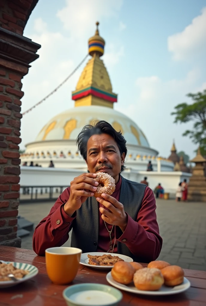 Will please create a photo a Nepali legends
hero Rajesh hamal wearing daura sural Dhaka topi and eating donut with matka chiya with beautiful boudha stupa background