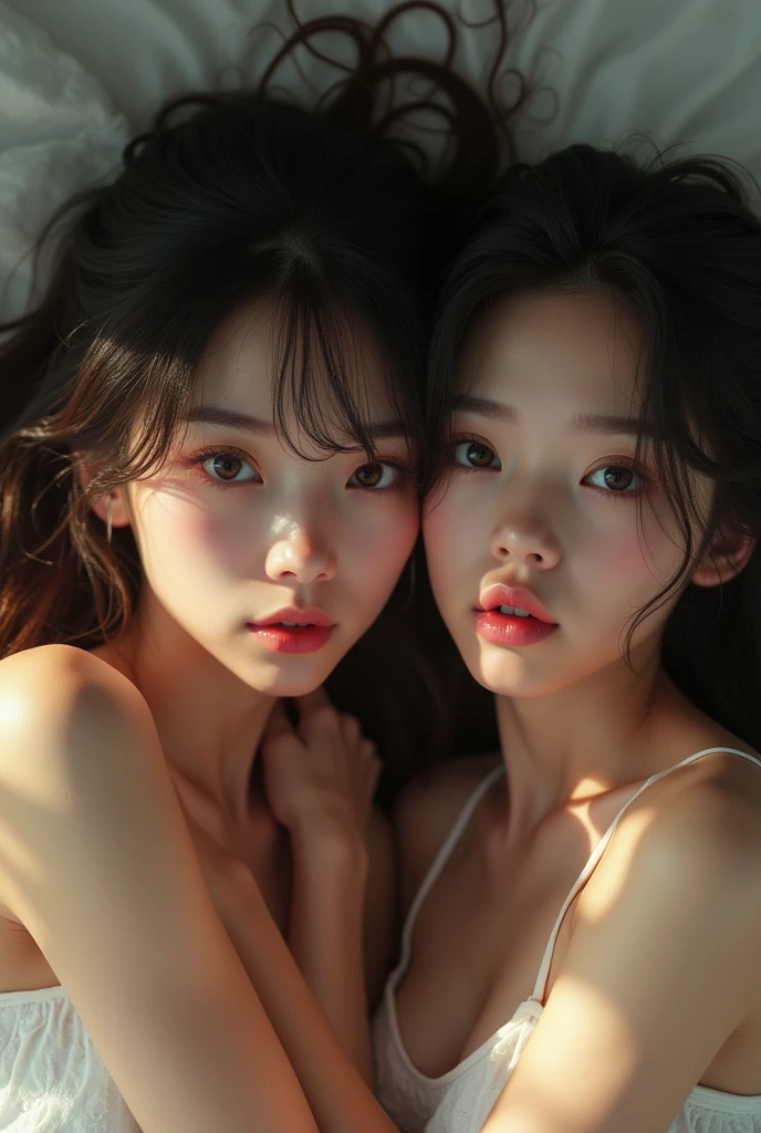 Highest quality, Face Focus, Soft Light, Ultra-high resolution, (Realistic:1.4), RAW Photos, 2 Korean women, by 2 person, Nice, (Brown eyes, light in your eyes), Beautiful face in every detail, (Small Box),(High resolution detail of human skin texture), (Short Bob Hair), break, Simple Background,Tight dress,Black Dress,,single eyelid,length, Sharp eyes,Open your mouth a little, Huge breasts, Portraits, Two girls looking at each other so close they could kiss