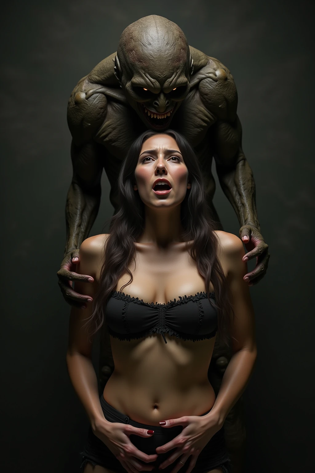 Naked busty woman with detailed eyes, detailed lips, long eyelashes, beautiful face, imprisoned in a dark, grungy, filthy lair, foul beast dominating her sexually dramatic lighting, photorealistic, cinematic composition, muted colors, chiaroscuro lighting, dark fantasy style
