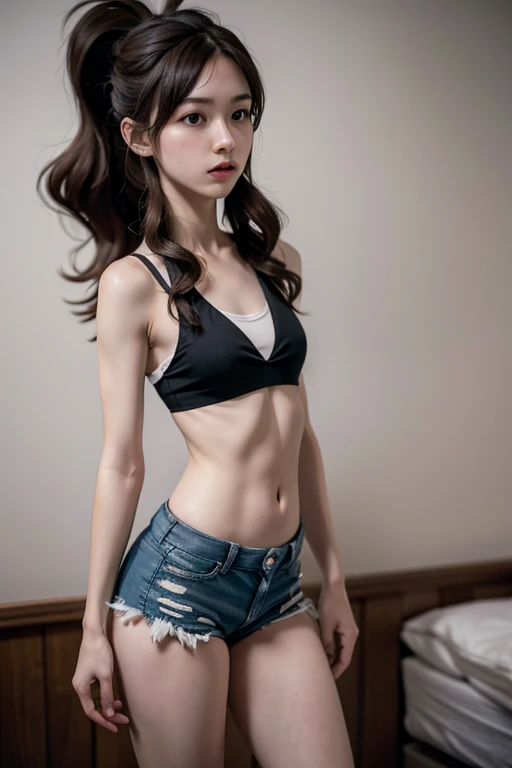 4K, masterpiece, 8k, high quality, 最high quality,10歳のcute少女 , Honor student, Very white skin, long brown curly hair,a bit,Low length,freckles,Thick eyebrows,Blunt bangs,(Flat Chest) ,feminine, freckles, Tilt, elegant, elegant, cute, smile, cute, Hilarious, belly button, Denim Low Rise Mini Skirt, ((Black Pantyhose)), (Yellow clothes)、((Gray background))
