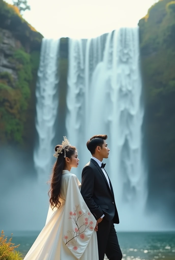 bride and groom posing for a photo in a forest setting, wedding photography, professional wedding photography, profesional photography, wedding photo, portrait shot, by Basuki Abdullah, flowing cloth and smoke, flowing white robes, flowing fabric, happy couple, outdoor fine photography, wedding, stunning photoshot, photograpgy, bride and groom, stream of love and happiness
