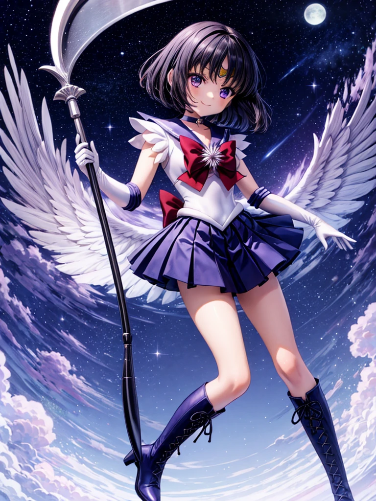 one girl, Hotaru Tomoe, Sailor Saturn, cute face, thin and tall, smile, sailor senshi uniform, purple sailor collar, tiara, magical girl, purple pleated skirt, white elbow gloves, jewelry, brooches, choker, purple long thigh lace-up boots, black short hair, purple eyes, death scythe, full body shot, night sky view