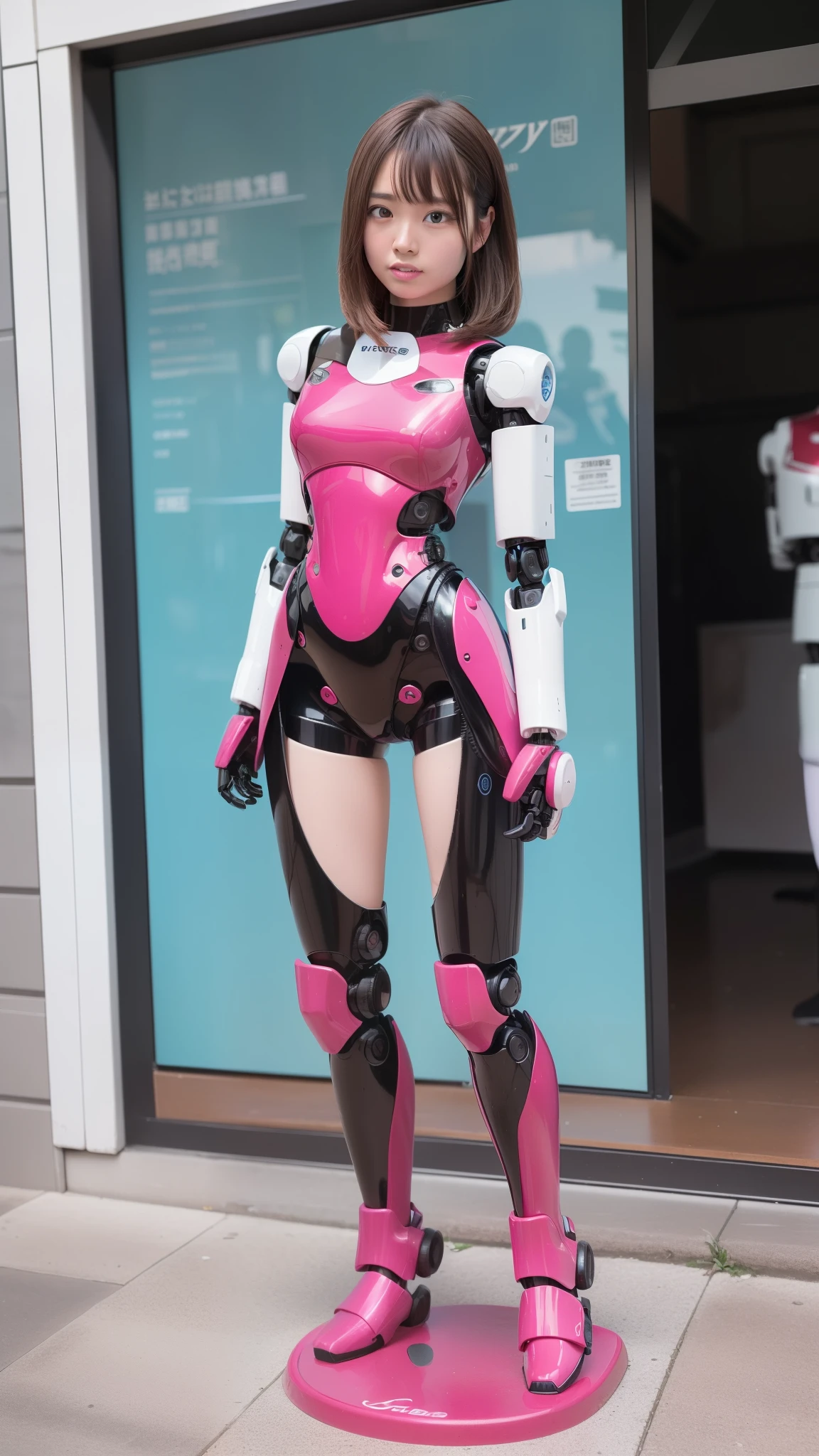 (Photorealsitic:1.4)、One girl、(top-quality)、(hyperdetailed face)、(Super well-formed face)、((Robot Parts))、(Robot Girl)、(Blue)、(pink there)、(Burgundy)、(Metallic body)、(Full body)、(sexy pose)、(Slender body)、(Model body type)、(full body mech)、(akihabara)、(is looking at the camera)、(Brown hair)、(Well-proportioned girl)、(a small face)、(small head)、(Idol)、(front facing)、(Standing with legs open)、(Hands on hips)、(Photo session)、(Looks sad)、(Perfect Robot Girl)、(Perfect machine body)