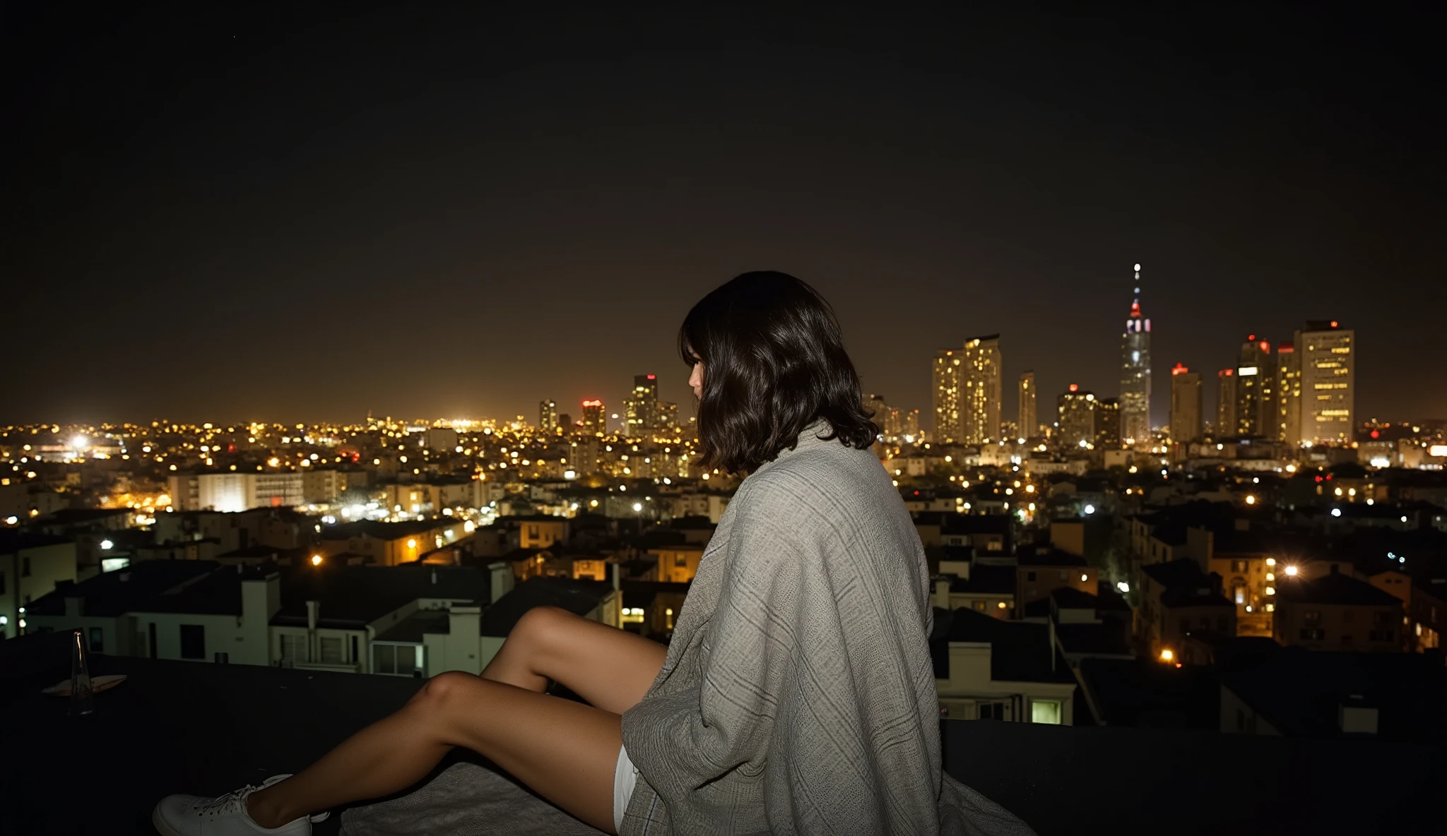 Create a cinematic close-up of a young woman sitting on a rooftop at night, gazing at the city skyline, captured in the nostalgic style of a disposable camera. She’s wrapped in a cozy blanket, with a soft. The warm, grainy tones of the disposable camera effect, with subtle light leaks and slight imperfections, enhance the vintage aesthetic. The blurred background reveals the twinkling city lights and distant skyscrapers under a starry sky, evoking a peaceful, dreamy atmosphere filled with solitude and magic