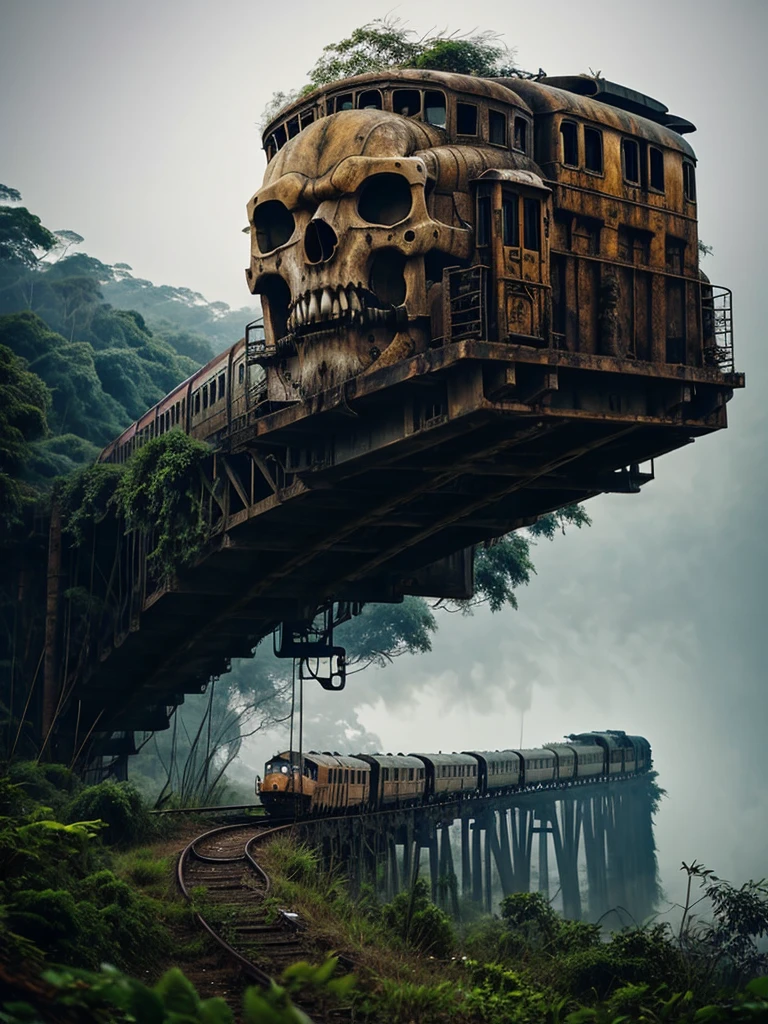 a rusty long train with a lion skull, in the amazon jungle, on the highest cliff, fog, details, hyperrealistic, 16k